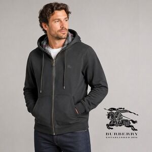 Burberry Mens Black Check Lined Full Zip Hoodie Sweatshirt Small Equestrian Logo